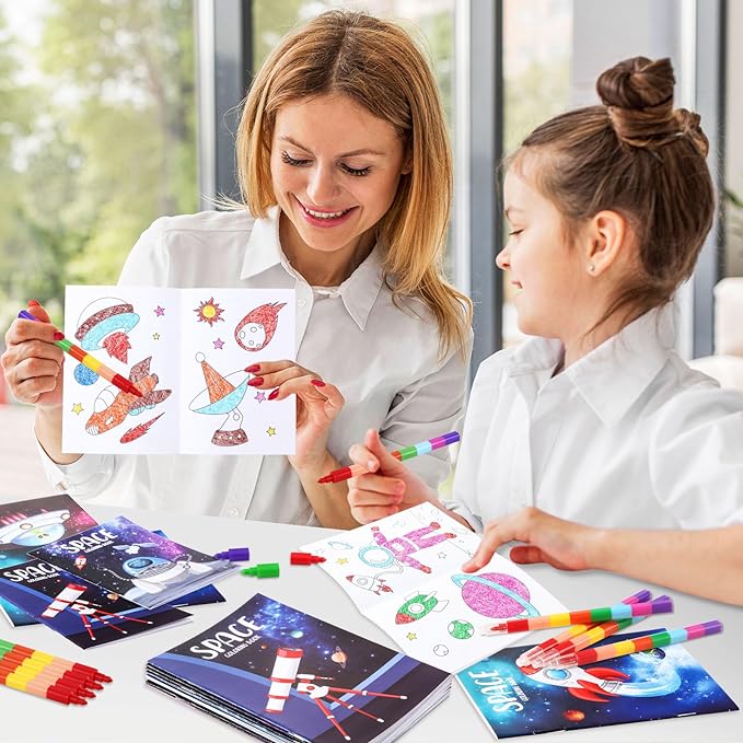 BenLouis 24 Outer Space Mini Coloring Books Kids with 24 Stacking Crayons Astronaut Party Favors Activity Books Bulk for Kids Solar System Galaxy Alien Goodie Bag Gift Stuffer Classroom Reward