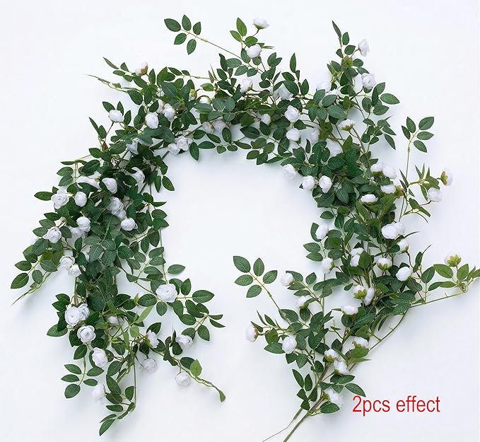 2PCS x 6FT Bendable Rose Vine Hanging Flower Garland Wildflower Floral Garland for Wall Decor Trellis Fence Home Room Decoration (White, 2pcs)