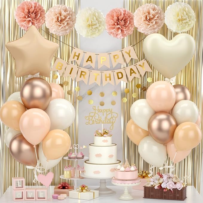 Blush Beige Birthday Decorations Nude Gold Balloons Happy Birthday Banner Cake Topper Fringe Curtain Paper Pom Poms Blush White Sand Champagne Heart Star Balloon Neutral Boho Party Decor Girls Women