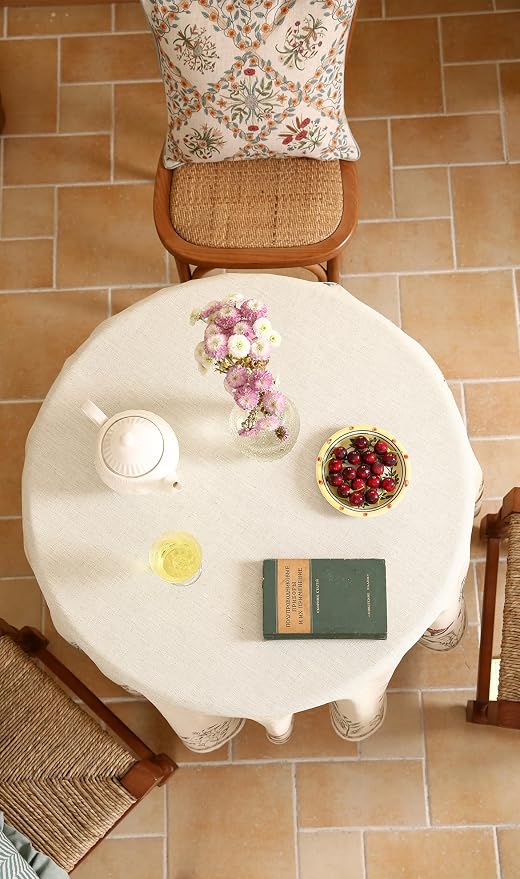 ISAENNE Designer Linen Round Tablecloth,Diameter 55"-Serenity G | Vintage Elegant French Floral Durable Table Cloth,Light Beige,Decor,Heavyweight,Dining Room,Tea Party,Kitchen,Thanksgiving