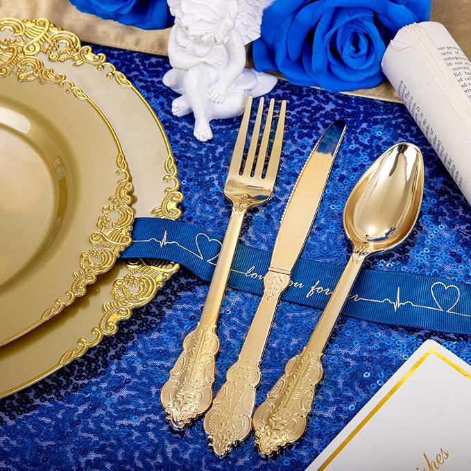 Morejoy 175PCS Solid Gold Plastic Plates with Gold Rim, Disposable Dinnerware Sets Include 25 Dinner Plates,25 Dessert Plates,25 Cutlery Sets,25Cups,25 Napkins Perfect for Party & Wedding