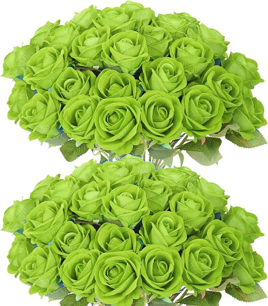 50 PCS Green Roses Artificial Flowers,Fake Green Roses Bouquet,Greens Artificial Silk Rose with Stems for DIY Wedding Flowers Decoration, Valentines Day, Bridal Bouquet Rose,Wedding Decoration