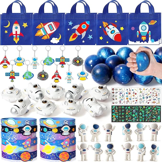 SNLN Outer Space Party Favors Birthday Supplies Non-Woven Gift Bag Stress Ball Spaceship Toy Astronaut Eraser Silicone Bracelet Keychain Tattoo Sticker Galaxy Space Goodie Bags Party Decoration