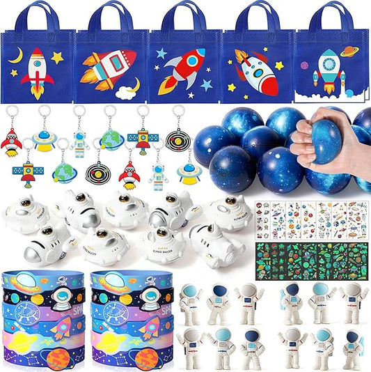 SNLN Outer Space Party Favors Birthday Supplies Non-Woven Gift Bag Stress Ball Spaceship Toy Astronaut Eraser Silicone Bracelet Keychain Tattoo Sticker Galaxy Space Goodie Bags Party Decoration