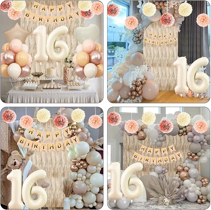 Beige 16th Birthday Decorations Girls Boys Cream Number 16 Balloon Nude Gold Happy Birthday Banner Fringe Curtain Paper Pom Poms Blush White Sand Champagne Star Foil Balloons Neutral Boho Party Decor