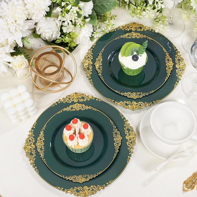 125PCS Green Plastic Plates - Green and Gold Disposable Plates - Fancy Vintage Plate with Gold Plastic Silverware Set for 25 Guests for Party Wedding Holiday
