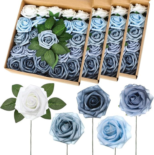 100 Pcs Artificial Foam Rose Flower Faux Bouquet Wedding Fake Rose Gift for Mother's Day Women DIY Bridal Shower Party Table Birthday Home Spring Decor (Blue and White Gradient)