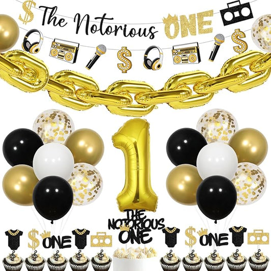 The Notorious One Birthday Decorations The Notorious One Banner Cake Topper Balloon Gold Chain Black Gold Hip Hop First Birthday Decorations Music Theme 70s 80s Theme 1st Birthday Decorations