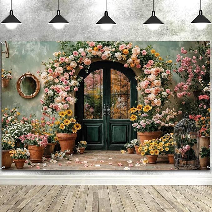 6X4ft Flower Backdrop Coloful Floral Arch Retro Door Photography Backdrops Modern Interior Rustic Style Wall Decoration Wedding Portrait Background Studio Photo Booth Props