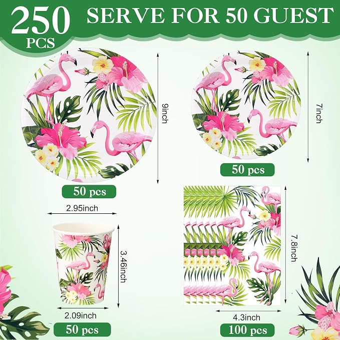 Funnymoom 250 Pcs Hawaiian Flamingo Party Decoration Luau Themed Paper Plates Napkins and Cups Tropical Hawaiian Tableware Set for Summer Pool Beach Birthday Retirement Party Supplies, Serves 50