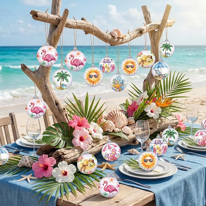 Outus 16 Pcs Summer Tree Ornaments Mini Summer Christmas Decorations for Tree Beach Flamingo Hanging Ornaments Tropical Party Decor for Farmhouse Home Fireplace Luau Holiday Decorative Supplies