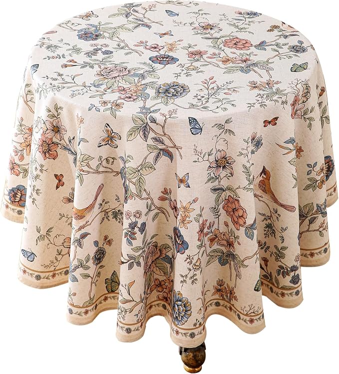 ISAENNE Designer French Linen Round Tablecloth,Diameter 55"-Cornucopia | Vintage Elegant Small Floral and Bird Pattern Beautiful Table Cloth for Dining Room Tea Party Kitchen Thanksgiving,Decor