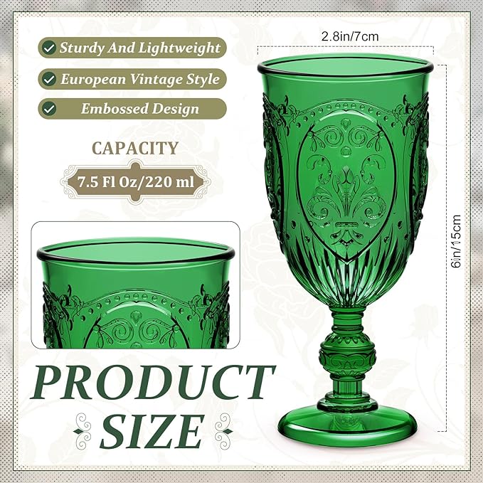Wiwiqing 24 Pcs Plastic Goblets 7.5oz Vintage Goblet Plastic Wine Glasses Colored Retro Embossed Water Goblets for Wine Bar Juice Baby Shower Wedding Reception Grand Event Party (Dark Green)
