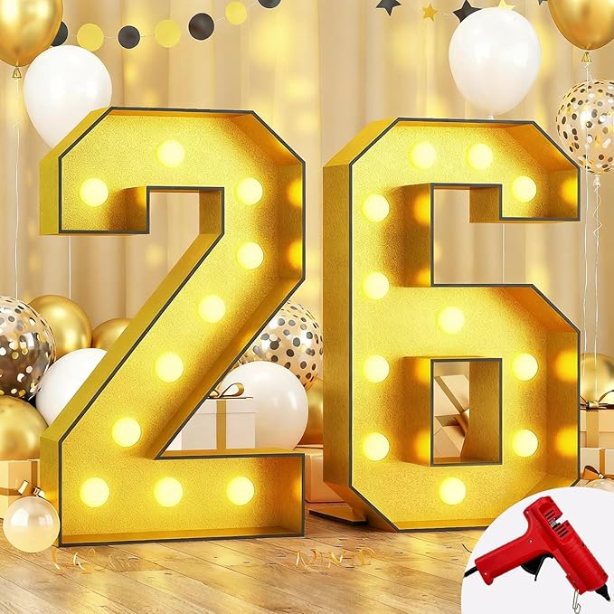 Light Up Numbers 26, Marquee Light Up Numbers Gold 4FT, Large Led Number Lights for 4th Birthday, 4 Feet Tall DIY Frame Pre-cut Foam Board Kit for Birthday Graduation New Year Party Decorations