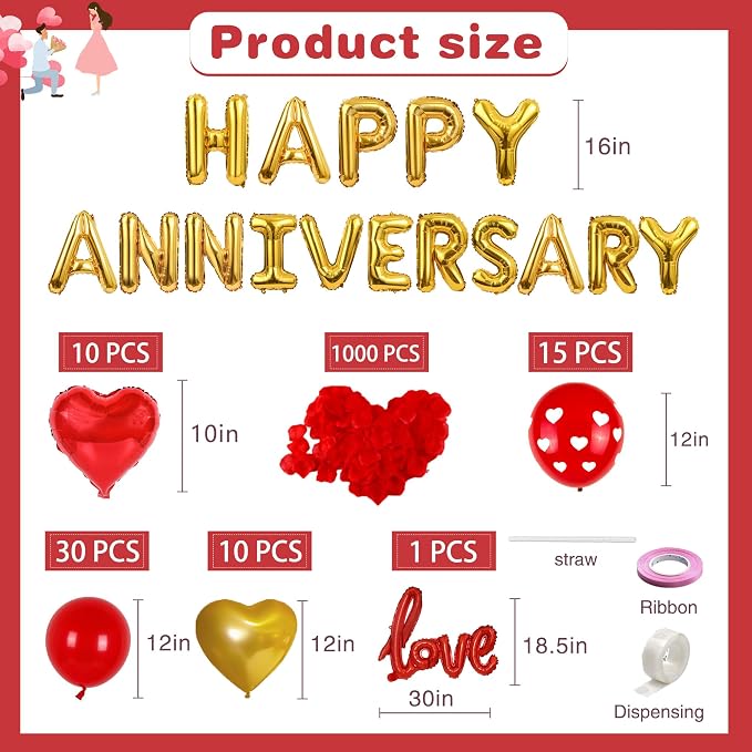 Happy Anniversary Balloons Kit Red Gold Balloon with Heart Shaped, Love Foil Balloons and 1000 Pieces Rose Petals for Anniversary Valentine's Day Proposals Decorations