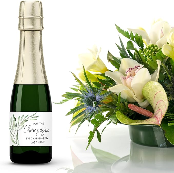 POP The Champagne I’m Changing My Last Name Labels ● Set of 12 ● Bachelorette Party Bridal Shower Bride Squad Mini Champagne Bottle Labels Wine Label Alternative to Cards Shirts (Greenery)
