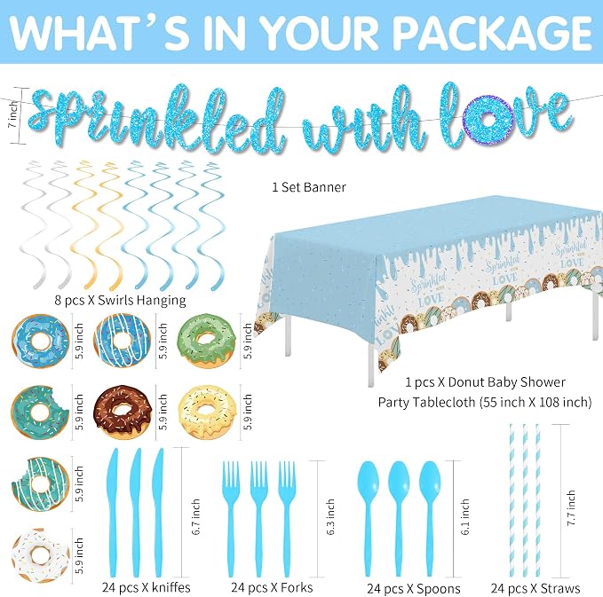 Donut Baby Sprinkle Decorations Boy, Blue Sprinkled with Love Theme Donut Baby Shower Party Supplies, Disposable Paper Plates, Cups, Napkins, Banner, Swirls, Cutlery, Tablecloth, Serves 24