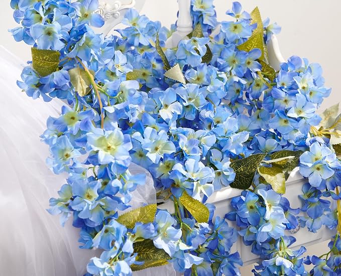 PONKING Flower Garland, Artificial Hydrangea Vine Flowers, Hanging Fake Hydrangeas Vine for Room Anniversary Wedding Birthday Christmas Wall Arch Decor, 2 Pcs, Floral Garland, Blue Flower