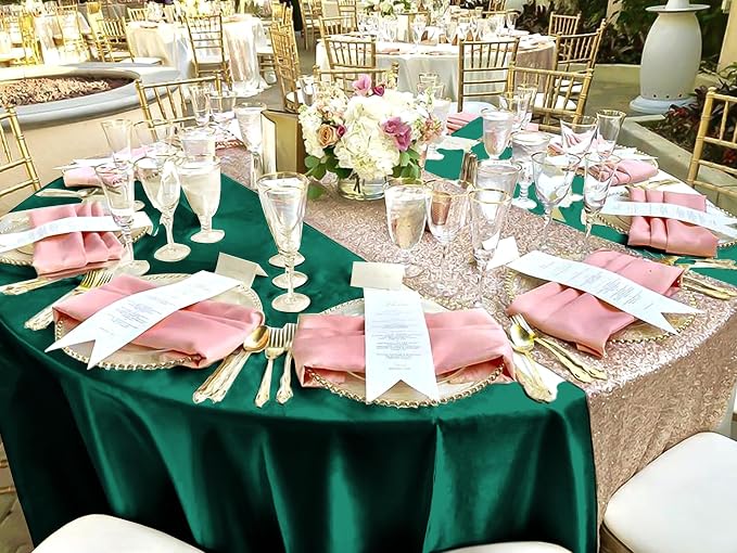 12 Pack 108 Inch Round Tablecloth, Hunter Green Satin Fabric Table Cloth for Round Tables, Wrinkle Resistant Washable TableCover Bright Silk Table Clothes for Wedding Party Dining Tables Banquet