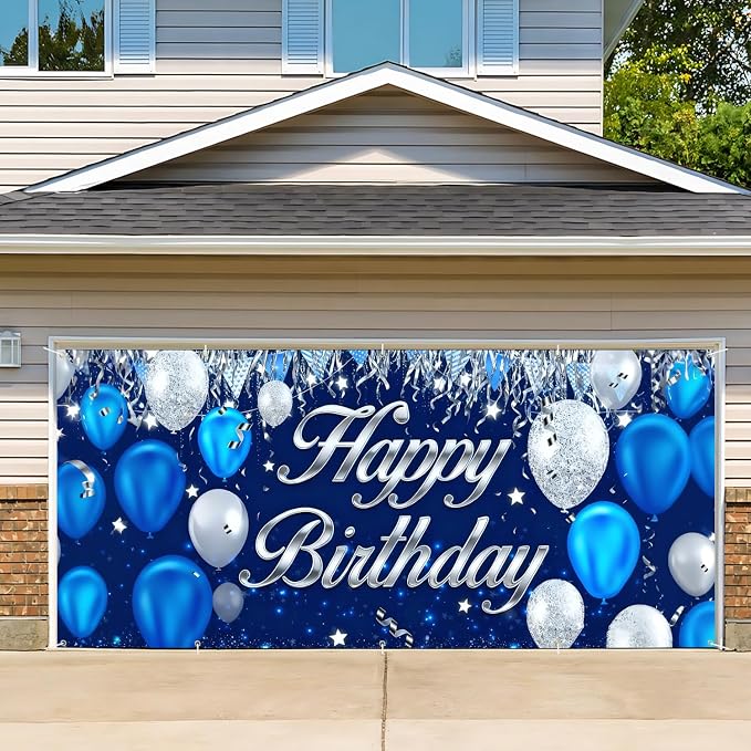Happy Birthday Garage Door Banner Backdrop 7x16ft Waterproof - Blue&Silver Balloon Banner for Adult Party Decor,Men Women Outdoor Indoor Photo Background