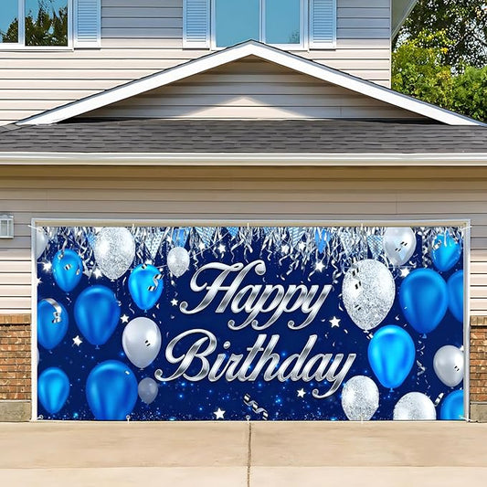 Happy Birthday Garage Door Banner Backdrop 7x16ft Waterproof - Blue&Silver Balloon Banner for Adult Party Decor,Men Women Outdoor Indoor Photo Background