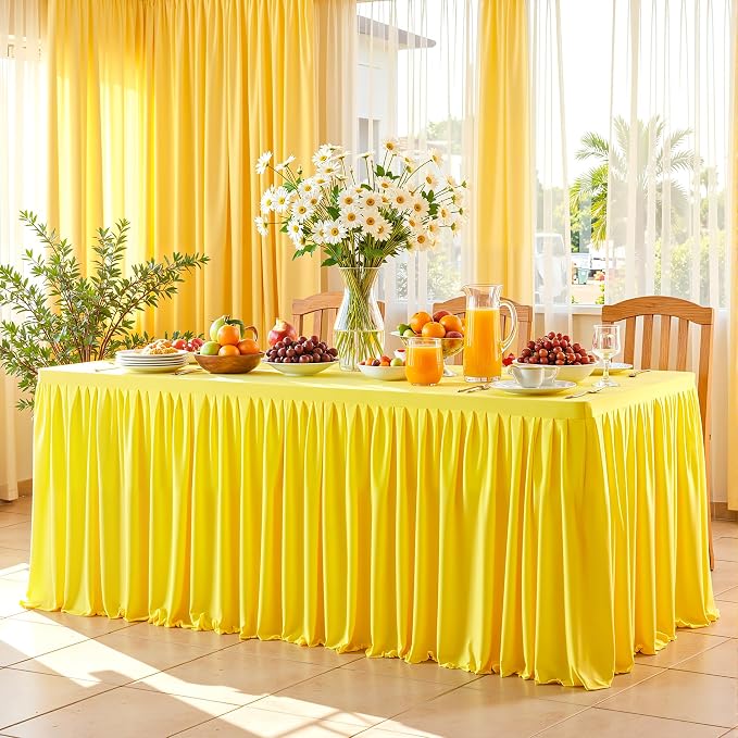 Wish Care 2 Pack Yellow Rectangle Table Clothes for 4 Foot Tables, Polyester Fitted Tablecloths 4ft Stretch Table Cover for Wedding, Birthday, Parties, Trade Show, Craft Show