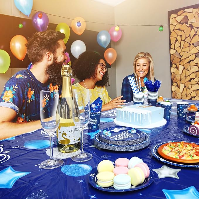 Norme 176 Pcs Navy Blue and Silver Birthday Tableware Set Birthday Decoration Includes Tablecloth Paper Plates Napkins Paper Cups Forks Knifes and Straws for 25 Guests Party Supplies (Classic)