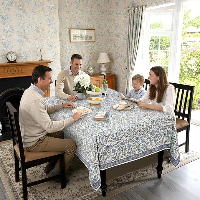 Ridhi Columbia Blue Hand Block Print Cotton Rectangle Tablecloth 90" x 60" inches Reusable Table Cover Decorative Everyday Use for Dining Room, Farmhouse, Home Gift for Spring, Mother's Day