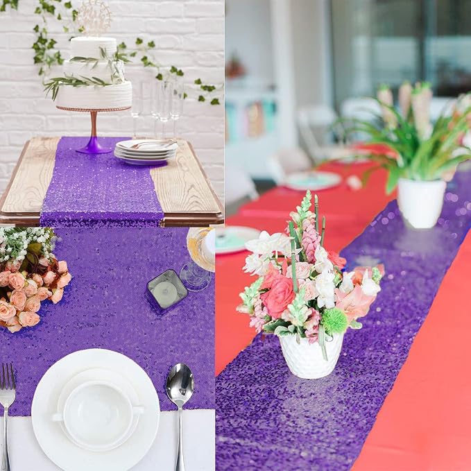 12 Packs 12 X 72 Inch Purple Sequin Table Runner Glitter Dining Table Runner for Birthday Wedding Engagement Bridal Baby Shower Bachelorette Holiday Celebration Party Supplies Decorations (Purple)