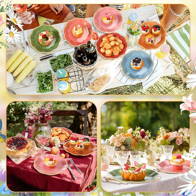 72 Pcs Wildflower Color Paper Plates 9 Inch Green Blue Orange Gradient Scalloped Paper Disposable Dinner Dessert Plates for Birthday Wedding Bridal Party Supplies, 6 Colors