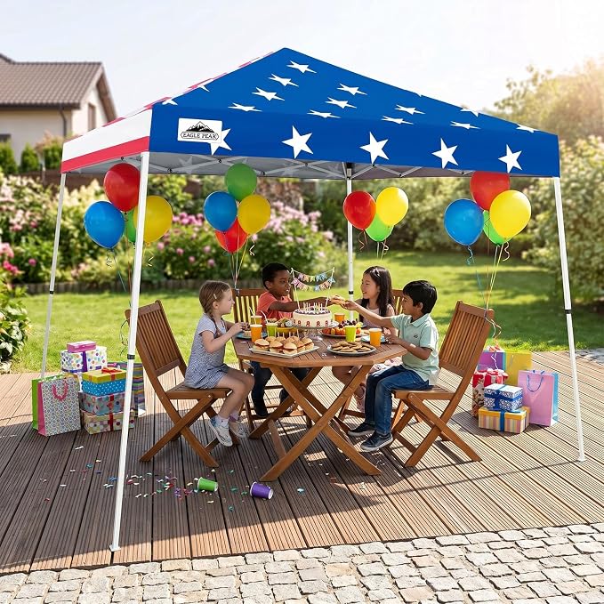 EAGLE PEAK 10x10 Slant Leg Pop-up Canopy Tent Easy One Person Setup Instant Outdoor Beach Canopy Folding Portable Sports Shelter 10x10 Base 8x8 Top (American Flag)