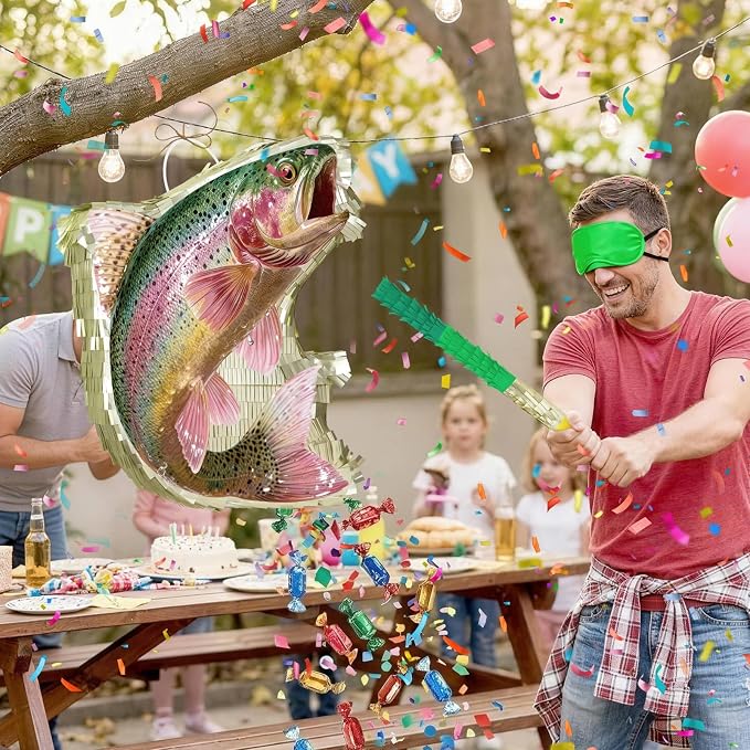 WERNNSAI Rainbow Trout Piñata - Fishing Party Decorations Trout Fish Piñata with Blindfold and Stick for Men Fishing Birthday Decorations Father's Day Celebration Carnival Supplies