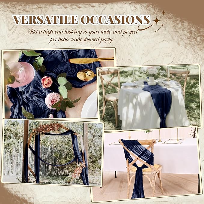 Pesonlook 12 Pack Navy Blue Cheesecloth Table Runner, Long Romantic Semi Sheer Rustic Boho Gauze Table Runners for Wedding Bridal Shower Birthday Party Decorations(17.7×108 Inch)