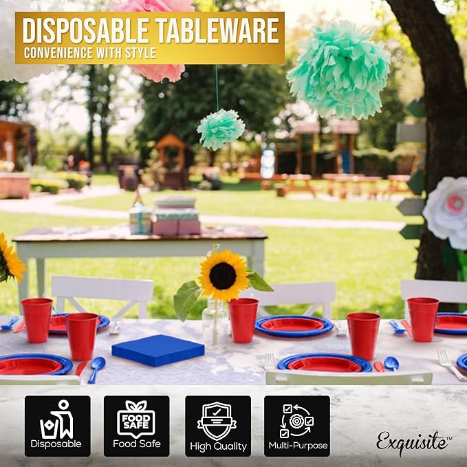 350 Pcs Patriotic Plastic Plates For Party, Patriotic Disposable Plates Set, 50 Of Each 9" Dinner Plate Set, 7" Dessert Plate, Cups, Napkins & Cutlery Plastic Dinnerware Set Exquisite