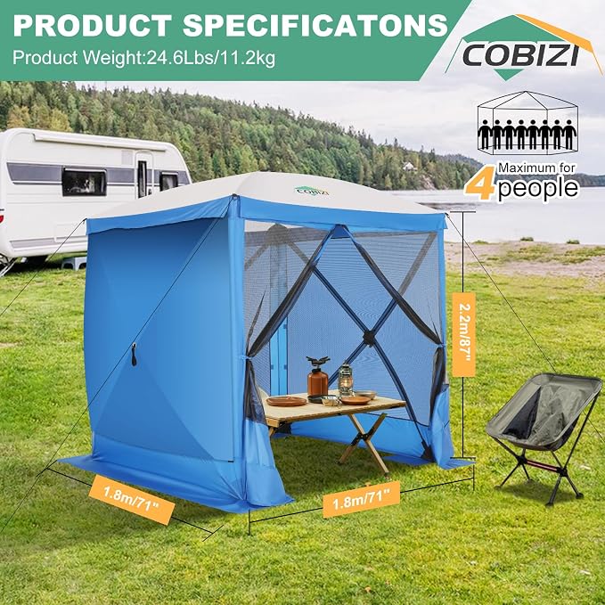 COBIZI 6x6 FT Pop up Gazebo, Popup Canopy Tent, Waterproof Screened in Gazebos,Portable Outdoor Small Screen Tents Sun Shelter,carpas para Patio for Camping, Garden and Backyard,Blue