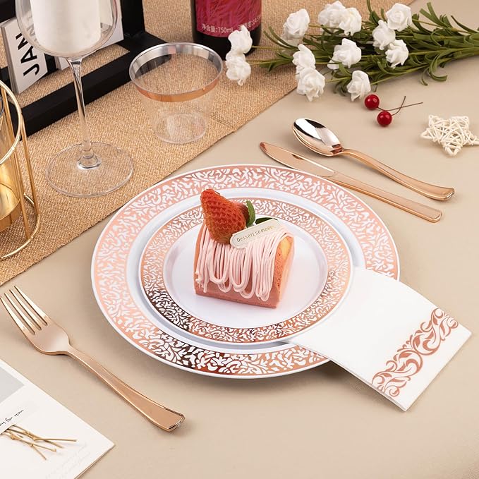Bestluck 350PCS Rose Gold Plastic Dinnerware Set for 50 Guests, Disposable Plates for Party, Wedding, Include 50 Rose Gold Dinner Plates, 50 Dessert Plates, 50 Set Silverware, 50 Cups, 50 Napkins