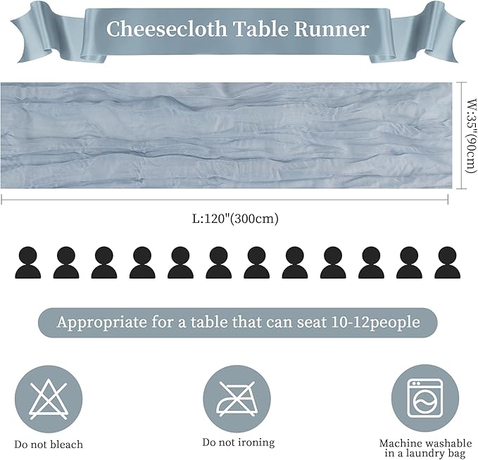 12 Pack Dusty Blue Cheesecloth Table Runner 10FT Long Boho Gauze Table Runner Rustic Sheer Runner for Wedding Bridal Baby Shower Birthday Party Table Decor Home Easter Thanksgiving Decorations