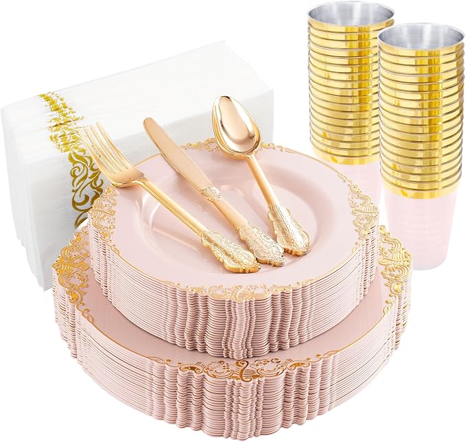 Morejoy 175pcs Pink Plastic Plates - Pink and Gold Disposable Plates sets, Include 25 Dinner Plates,25 Dessert Plates,25 Cutlery Sets,25 Napkins Perfect for Wedding & Party