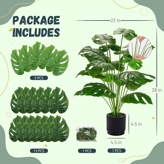 Der Rose 28" Black Pot Fake Monstera Plants, Large Artificial Potted Plants for Indoor & Outdoor Floor Front Porch Modern Decor
