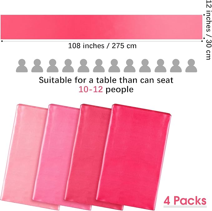 Aneco 4 Pack Satin Table Runner 12 x 108 Inch Gradient Hot Pink Colors Long Wedding Satin Silk Table Runner for Wedding Banquet Graduations Birthday Party Decoration