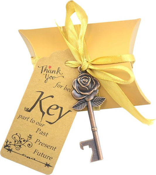 Makhry 50 Set Skeleton Rose Key Bottle Openers with Candy Box In Antique Vintage Style Escort Tags French Ribbon As A Gift Souvenir At Wedding Party Supplies (Copper)