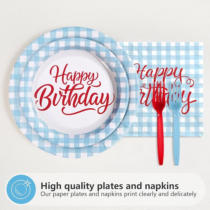 96Pcs Blue Gingham Birthday Party Supplies Blue and White Checkered Plates and Napkins Disposable Plaid Red Word Tableware Set for Kids Birthday Baby Shower Holiday Picnic Party Decorations Serves 24