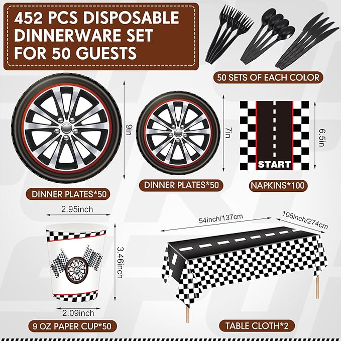 Funnymoom Race Car Birthday Party Decorations Include Car Paper Plates and Napkins Cups Tablecloth Cutlery Straws for Sports Themed Party Supplies, Serves 50