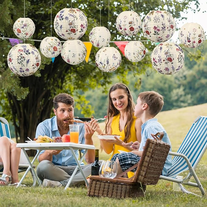 Baquler 12 Pcs Spring Wildflower Paper Lanterns Party Decorations Vintage Floral Hanging Lanterns 3 Styles for Baby in Bloom Baby Shower Wedding Garden Tea Summer Home Indoor Outdoor Party Decor