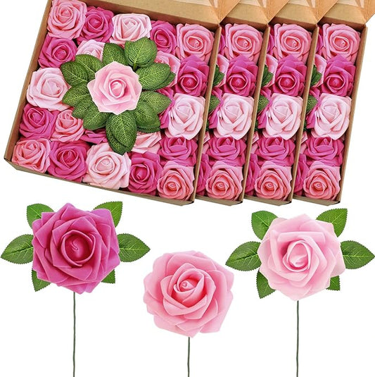 100 Pcs Artificial Foam Rose Flower Faux Bouquet Wedding Fake Rose Gift for Mother's Day Women DIY Bridal Shower Party Table Birthday Home Spring Decor (Three Shades of Pink)