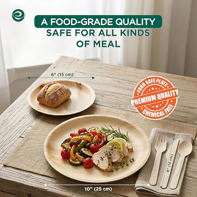 ECO SOUL Palm Leaf Like Bamboo Plates Combo Pack, 6 & 10 Inch, 450 Pack, Party Plates Set Bamboo, Heavy Duty, Natural, Compostable, Biodegradable Disposable Wood Dinnerware Set for Appetizer & Dinner