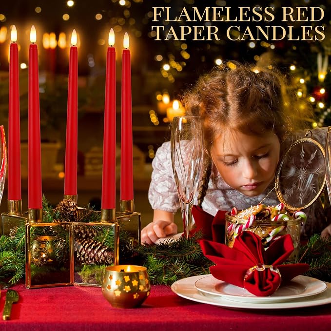 Macarrie 24 Packs Flameless Taper Candles Battery Operated Fake 11 Inch Long Candlelight LED Flameless Candlesticks Flickering Tapered for Summer Fall Wedding(Red)