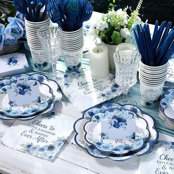 Shellwei 410 Pcs Blue Floral Wedding Decorations Elegant Floral Paper Plates and Napkins Set Disposable Party Tableware Sets with Cups Knives Forks Spoons Seat Card Favors for 50 Guests