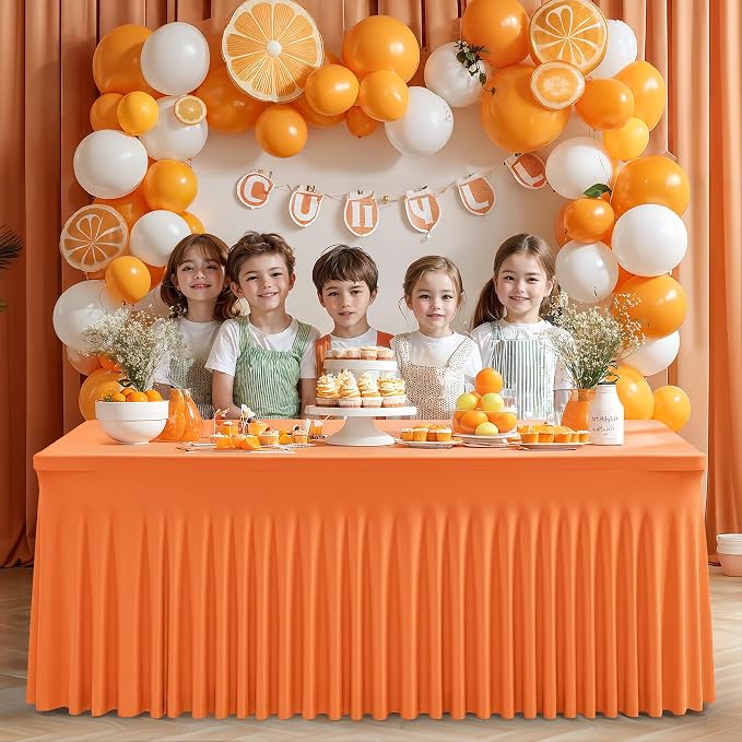 2 Packs Orange Table Clothes for 6 Foot Rectangle Tables, One-Piece Wrinkle Resistant Stretch Spandex Table Covers with Skirt for Event Banquet Wedding Birthday Party