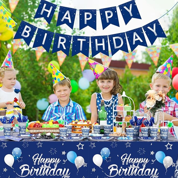 Pajean Blue and Silver Happy Birthday Party Tableware Set Navy Blue Birthday Decoration for Men Banner and Tablecloths Plates Cups Napkins Dinnerware for 24 Guests Party Supplies